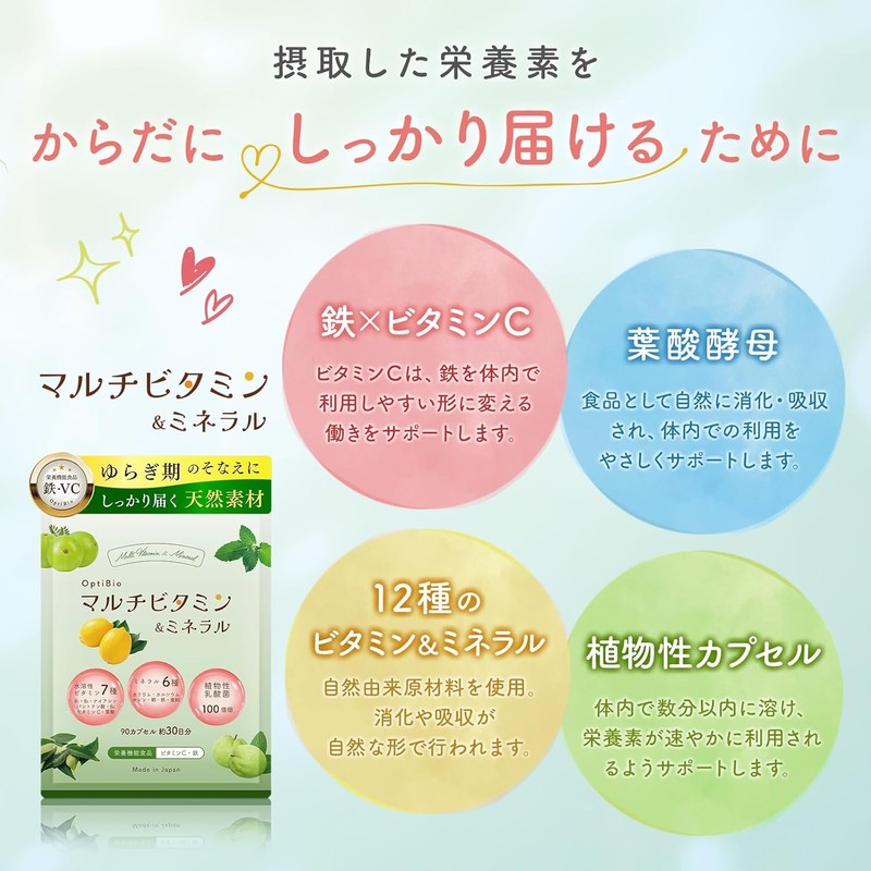 OptiBio 天然由来マルチビタミンサプリ（女性のバランスサポート・約30日分）