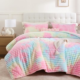 Smoofy Fluffy Full Size Comforter Sets 3 Pieces - Rainbow Fleece Fluffy Comforter Set, Luxury Fuzzy Full Bedding Set, Soft Comforter Full Size All Season, Heavy Faux Fur Comforter with 2 Pillow Cases