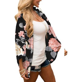 Womens Kimono Cardigans Boho Floral Print Chiffon Cardigan Blouse Top Beach Outwear (Black-6, Small, s)