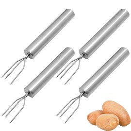 VZU Set of 4 Stainless Steel Potato Forks with 3 Prongs, Potato Fork, Meat Fork, Corn Fork, Corn on the Cob Skewers, Fork for Vegetables and Barbecued Food, Reusable