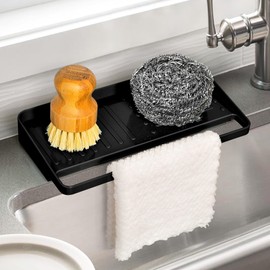 JOMOLA Sink Sponge Holder for Kitchen 2-in-1 Sink Caddy Organizer for Countertop Soap Tray with Suction Cups Sink Dish Cloth Holder for Kitchen Bathroom Laundry Black