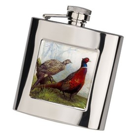 Farm Cottage Brands 6oz oblong pheasant scene Stainless Steel hip flask with funnel, for game days, shotgun users
