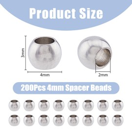 DICOSMETIC Pack of 200 Round Spacer Beads 4 mm Rondelle Beads Stainless Steel Seamless Beads Smooth European Beads Loose Ball Beads for Jewellery Making DIY Crafts, Bore: 2 mm