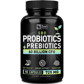 Zeal Naturals Probiotics and Prebiotics + SBO Probiotics (60 Billion CFU | 90 Capsules) Acidophilus Probiotic w. Saccharomyces Boulardii, Bifidobacterium + Spore Probiotic & Organic Sprouted Prebiotic Fiber Blend
