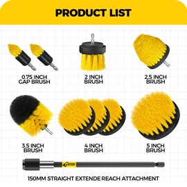 Holikme 10Pieces Drill Brush Attachments Set, Power Scrubber Brush with Extend Long Attachment，Scrub Brush，Shower Scrubber，Cleaning Supplies,Yellow