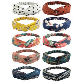 Dreshow Women's Boho Headband, Printed Headbands, Knots, Twisted Elastic Head Wrap, Cute Hair Accessories for Girls, 10 Pieces, 10 Pack B (Dot, Scottish Pattern, Flower, Bohemian), Einheitsgröße