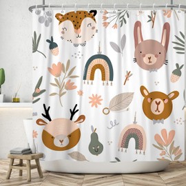 Arrebolart Kids Woodland Boho Fabric Shower Curtain Set for Bathroom Funny Forest Animal Rainbow Kids Bathroom Decor Cute Fun Shower Curtain Waterproof Polyester with Hooks, 72Wx72L