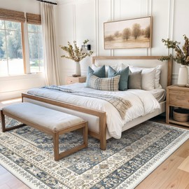 Restydon Washable Rugs 8x10 Area Rugs for Living Room, Non-Slip Backing Large Rug for Nursery Room, Vintage Floral Bedroom Rugs, Thin Indoor Home Decor Soft Farmhouse Rug(Blue/Beige,8'x10')