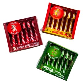 Archie McPhee Dill Pickle, Mac and Cheese, and Bacon Christmas Candy Canes - Stocking Stuffers - Funny Novelty Weird Candy - Prank, Gag, Joke, White Elephant Gift - 18 ct. - 6 of Each Flavor
