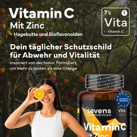 Vitamin C 1000 mg und Zink + Bioflavonoide und Hagebutte – 100% reine natürliche vegane Vitamin C – 180 Tabletten – Unterstützt das Immunsystem – Reduziert Müdigkeit und Ermüdung – Antioxidativ – Sev