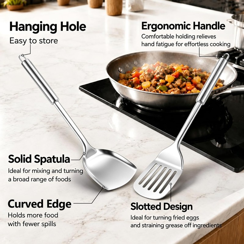 Joyfair 2Pcs Stainless Steel Spatula Set, Sturdy Solid & Slotted