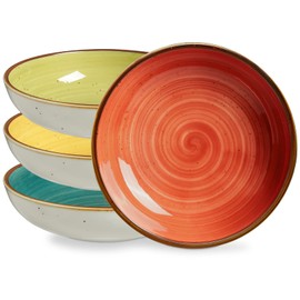 ONEMORE Pasta Bowls 30 Ounce Porcelain Salad Bowls Shallow Bowls for Pasta Set of 4 Shallow Bowl Plates, Microwave & Dishwasher Safe, Assorted Color