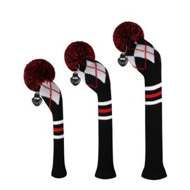 Scott Edward Knitted Golf Club Head Covers for Woods 3Pcs Set Golf Driver (460CC) Fairways and Hybrid/UT with Rotating Number Tags(Black White Red Argyles)