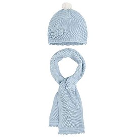 Little Girls Flower Applique Angora Blend Knit Hat/Scarf Set (1-Small, Sky Blue)