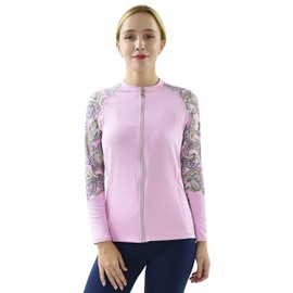 Private Island Women UPF50+ Front Zipper Up Long Sleeve Swimsuits Top with Both Side Pockets Swim Rash Guard (XL, PwPGS-JRSRGT)