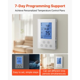 VEVOR 7-Day Programmable Thermostat, Home Thermostats for Radiant Underfloor Heating Cable,Heat Pump, Built-in GFCI & Sensitive Sensor, LED Screen with Backlight,Energy-Efficient,White