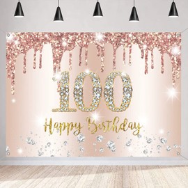 Happy 100th Birthday Decorations Backdrop Banner for Women Happy 100 Years Old Party Sign Poster Woman 100th Birthday Rosegold Photography Background 100th Birthday Party Supplies, 59"x35.4"