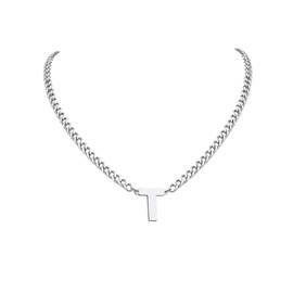 PIYIZ Men's Initial Necklace Stainless Steel Cuban Link Chain Hip Hop Fashion A-Z Name Letter Pendant 18" Necklaces for Men Women -T