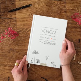 Guest Book for Wedding, Birthday, Holiday Home, Christening, Wedding Guest Book, White, Schön dass du da bist, 144 Pages Thick FSC Paper, Environmentally Friendly, Premium Hard Cover, Sturdy Thread