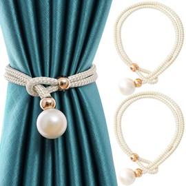 Folmywy Curtain Tiebacks with Big Pearl 2 Pack Adjustable Boho Curtain Holdbacks Weave Rope Off White Easy Pull Out Secure Hold Decor Office Bedroom Farmhouse Living Room