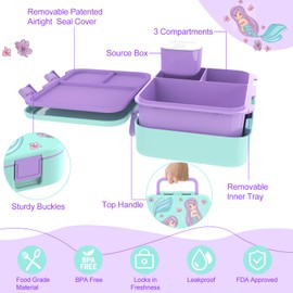 hombrima Children's Lunch Box, Bento Box Food Storage Container with Multi Compartments for Boys Girls Children Adults Work School (LakeGreen Mermaid)