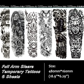 ANIUVOT Large Size Tattoo Stickers, Features, Realistic Shoulder to Wrist, Set of 6, Men and Women, Full Arm Tattoo Stickers, Waterproof, Long Lasting, 6.7 x 18.9 inches (17 x 48 cm), Skull, Owl,