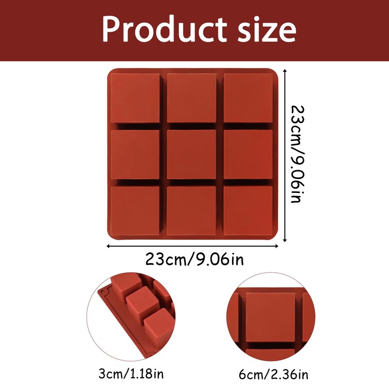 Silikon Backform für Brownies und Schokolade, 9 Würfel, 23x23x3 cm,