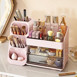 Makeup Organizer And Storage Pink Large 3 Clear Makeup Drawer Organizer, Organizers Countertop For Vanity Bedroom Tiered Makeup Box Brush Organizer- Bathroom Countertop Organization For Makeup (pink)