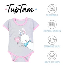 TupTam Baby Bodysuit Girls Pack of 5 - Short Sleeve Cotton Bodysuit Ideal for Summer and Everyday Use, Stripes Giraffe Rabbit Pink White Grey