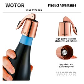 WOTOR Stainless Steel Wine Bottle Stoppers with Silicone - Reusable Wine Saver and Decorative Bottle Sealer, Leakproof, Keep Fresh, Rosegold, 2 Pack