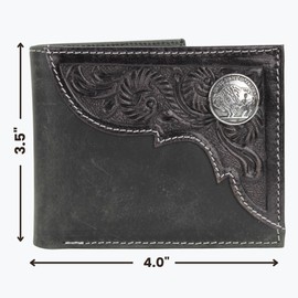 American Bison Tooled Side Bifold Wallet with Conchos–Oil Pull Up Classic Western Craftsmanship & RFID Protection (Buffalo Nickle, Black)