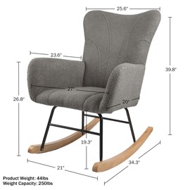 Lavish Home Rocking Chair - Teddy Fabric Upholstered Chair with Padded Seat and Contoured Armrests - Ergonomic Modern Rocker for Bedroom (Gray)