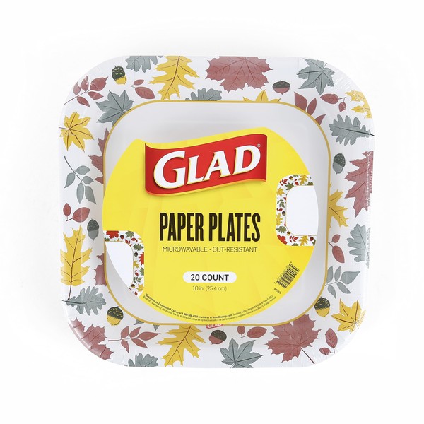 Glad Everyday Square Disposable Paper Plates with Falling Foliage Design | Cut-Resistant, Microwavable Paper Plates for All Foods & Daily Use | 10 Inches, 20 Count