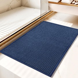 MOSISO Chenille Bathroom Rugs, 20 inch x 32 inch Non Slip Plush Shaggy Bath Carpet, Extra Soft and Absorbent Waffle Bath Mat for Bathroom Floor, Tub and Shower, Sink, Vanity, Navy Blue