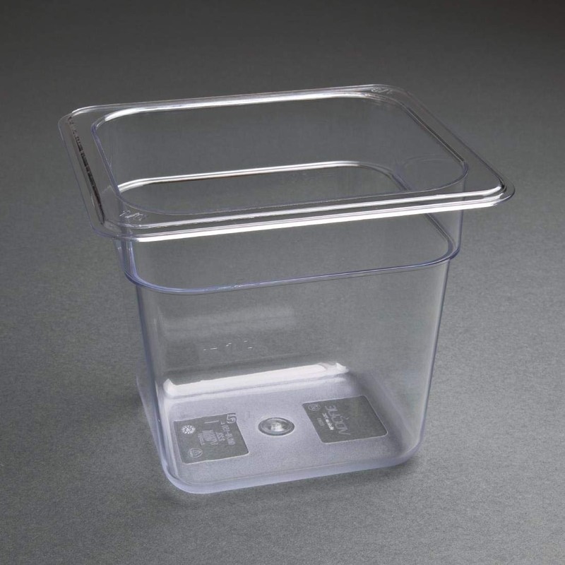 Vogue Reusable Polycarbonate Plastic 1/6 Gastronorm Container 150mm, Clear, Food