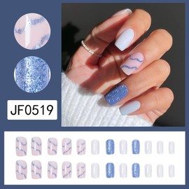 Stick-on nails, press on nail, square fake nail with nail glue stickers, 24 pieces French press on nails, stick on nails for women and girls (butterfly)