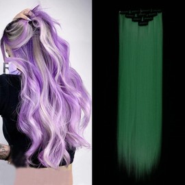 Orgwigs Purple Hair Extensions Clip in Colored Hair Piece for Kids Luminous Lavender Hair Extensions Heat Resistant Synthetic Glow in the Dark Hair Extensions