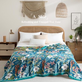 Phuryllic Boho Throw Blanket Full Size, Extra Large Soft Cozy Cotton Muslin Quilt Blanket for Bed Decor, Floral Patterned Couch Sofa Chair Cover, Vintage Farmhouse Cottage Woven Blanket, Teal&Green