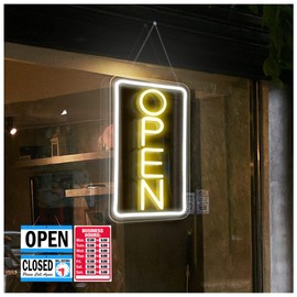 Open Signs for Business,Neon Open Sign Led,16.5"x 9",with Open/Closed Bussiness Hour Sign Set,Light for Bar Coffee Salon Store Window,12V/2A Adapter with ON/OFF Switch (Yellow/White Vertical)
