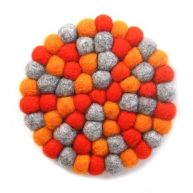 Global Crafts Hand Crafted Felt Ball Wool Trivet Mat from Nepal, 8" Round Pad Chakra, Oranges