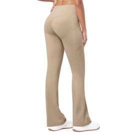 Willit Women's Fleece Lined Pants Thermal Leggings Winter Bootcut Yoga Pants Zipper Pockets Flare High Waist Water Resistant 29'' Khaki XL