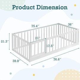 HOMMOW Twin Floor Bed Frame for Kids with Safety Guardrails and Door and Slats, Wood Kids Montessori Floor Bed Frame for Girls and Boys, Twin with Door,White
