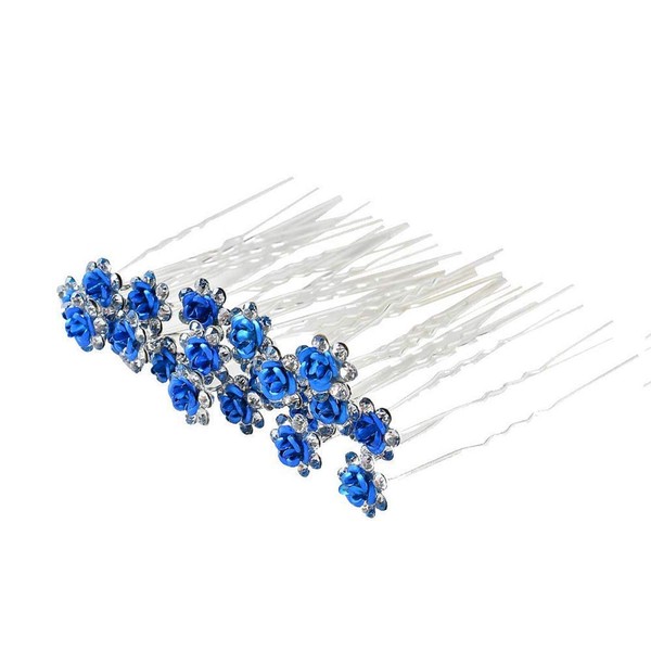 Trimming Shop Blue Rose Flower Hair Pins Stainless Steel Crystals and Silver Plated for Women Fashion Accessory Wedding Bridal Dress Party 5pcs