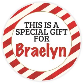 This is a Gift for Braelyn - Circle Sticker Decal 3 Inch - Candy Cane Merry Christmas Gift Tag Present Tree Holiday Custom Name Santa Claus