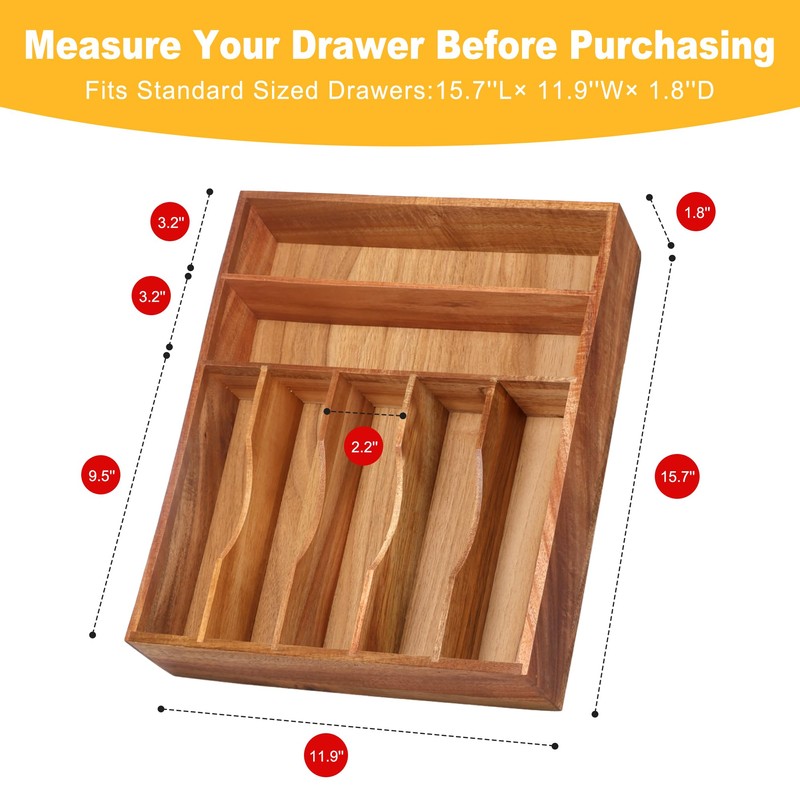 oridom Kitchen Acacia Silverware Organizer, Kitchen Drawer Organizer - Extra