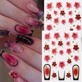 Flower Nail Art Stickers Decals 5D Embossed Dark Red Flowers Nail Stickers 2PCS Self-Adhesive Fall Nails Design Sticker French Manicure Accessories Acrylic Nail Art Supplies for Women Nail Decorations