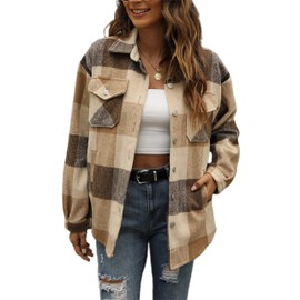 Tanming Womens Flannel Plaid Shacket Wool Blend Button Down Shirt Fall Fashion Jacket (01 Brown, XL)