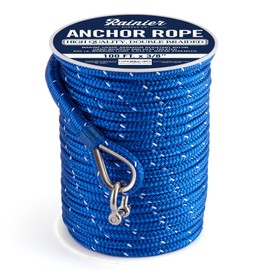 RainierSupplyCo Boat Anchor Rope - Double Braided Marine Rope Anchor Line - 100 ft x 3/8 Inch Nylon Boating Line with 316 Stainless Steel Thimble and Heavy Duty Marine Grade Bow Shackle - Royal Blue