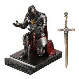Amoysanli Medieval Armored Warrior Wearing Outerwear, Mobile Phone Stand Knight Pen Holder Desk Organizers, Resin Bookends Paperweight with a Letter Opener for Desk (Iron)