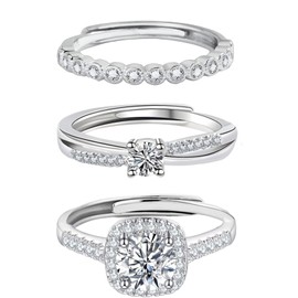 sawyofu Sterling Silver Adjustable Rings For Women 3PCS Cubic Zirconia 925 Silver Plated Wedding Stacking Rings Sets For Women Jewellery